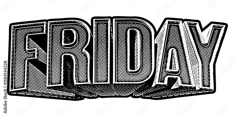 Poster ‘friday’ written in three-dimensional one-point perspective retro extruded block letters with grainy