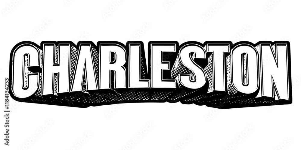 Aufkleber ‘charleston’ written in three-dimensional one-point perspective retro extruded block letters with gr