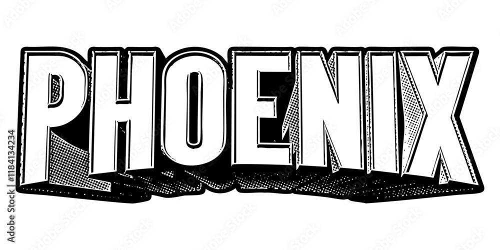 Poster ‘phoenix’ written in three-dimensional one-point perspective retro extruded block letters with grain