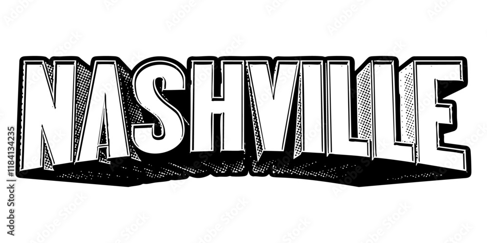 Poster ‘nashville’ written in three-dimensional one-point perspective retro extruded block letters with gra
