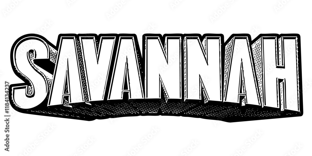 Poster ‘savannah’ written in three-dimensional one-point perspective retro extruded block letters with grai