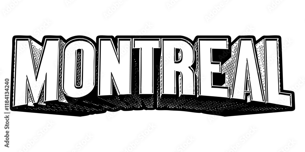 Poster ‘montreal’ written in three-dimensional one-point perspective retro extruded block letters with grai