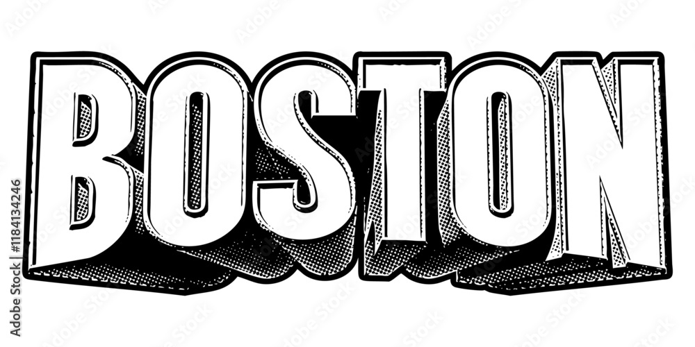 Aufkleber ‘boston’ written in three-dimensional one-point perspective retro extruded block letters with grainy