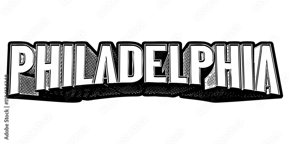 Aufkleber ‘philadelphia’ written in three-dimensional one-point perspective retro extruded block letters with 