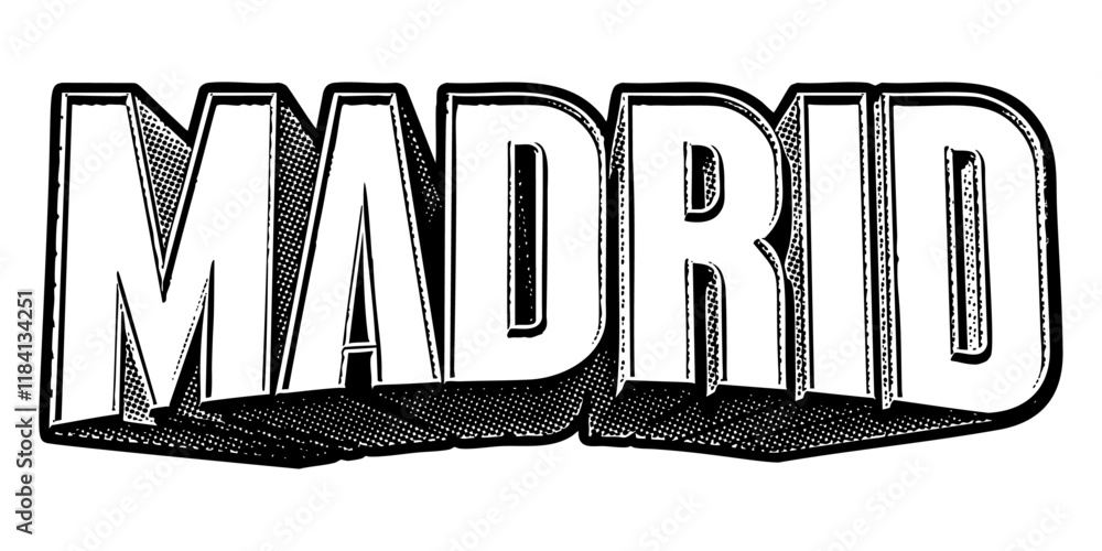 Poster ‘madrid’ written in three-dimensional one-point perspective retro extruded block letters with grainy