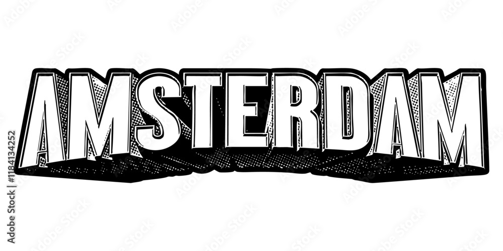 Poster ‘amsterdam’ written in three-dimensional one-point perspective retro extruded block letters with gra