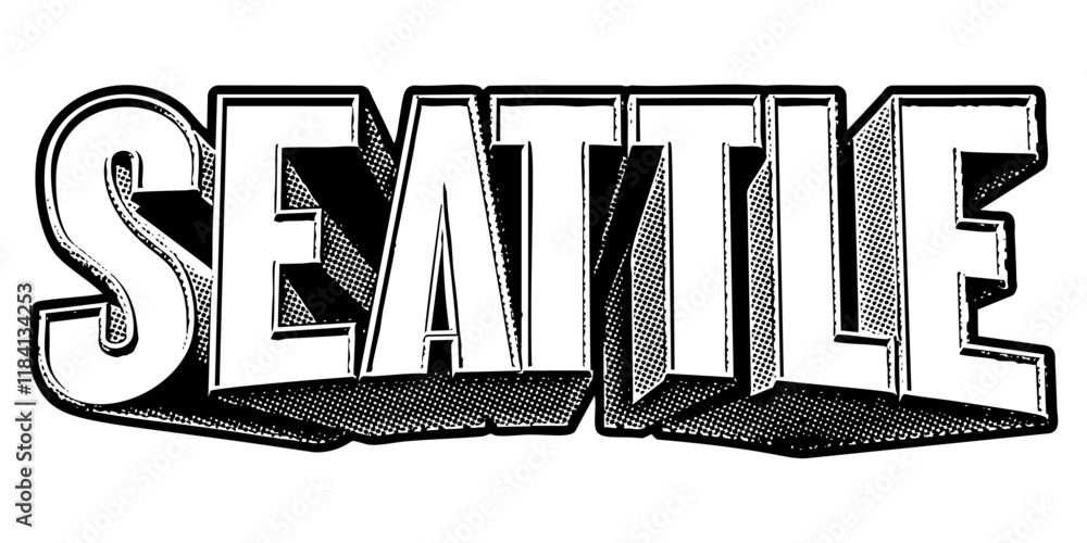 Poster ‘seattle’ written in three-dimensional one-point perspective retro extruded block letters with grain