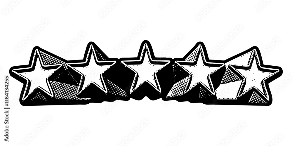 Poster five stars in three-dimensional one-point perspective retro extruded block graphic style with grainy