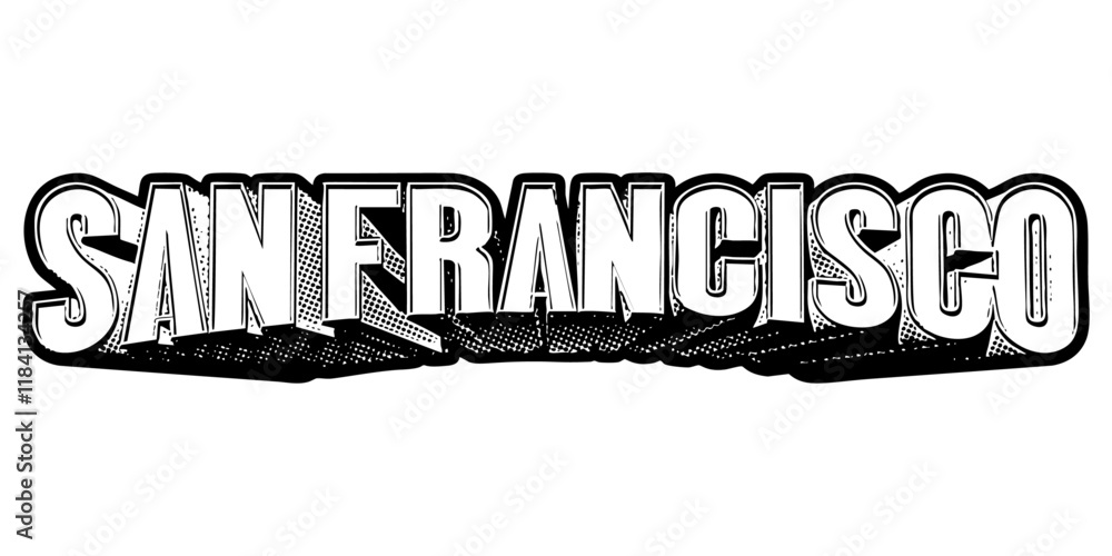 Aufkleber ‘san francisco’ written in three-dimensional one-point perspective retro extruded block letters with