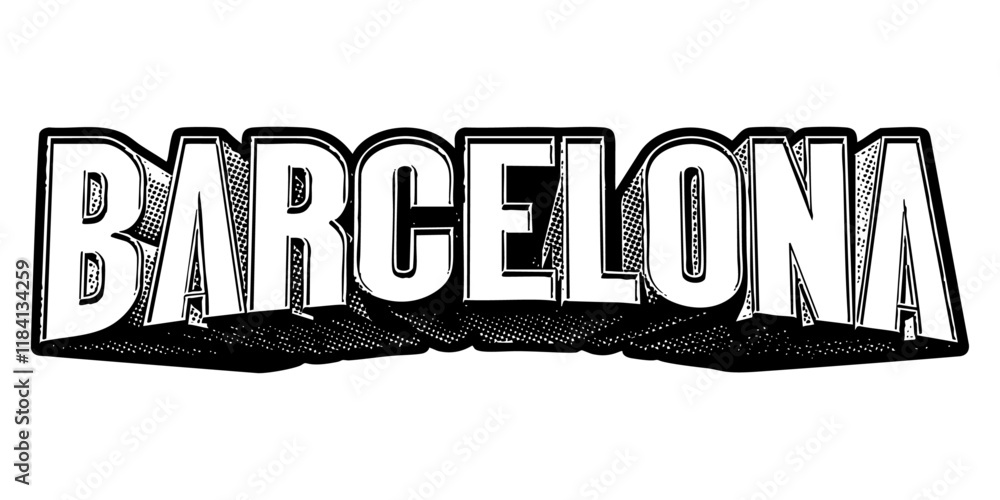 Aufkleber ‘barcelona’ written in three-dimensional one-point perspective retro extruded block letters with gra