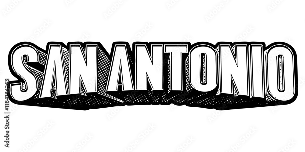 Poster ‘san antonio’ written in three-dimensional one-point perspective retro extruded block letters with g