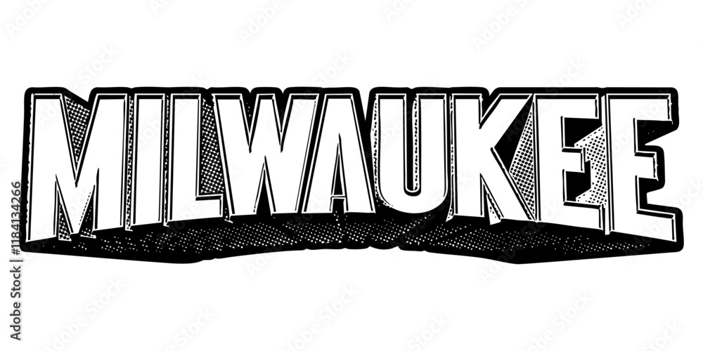 Poster ‘milwaukee’ written in three-dimensional one-point perspective retro extruded block letters with gra