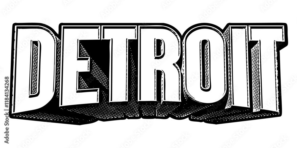 Poster ‘detroit’ written in three-dimensional one-point perspective retro extruded block letters with grain