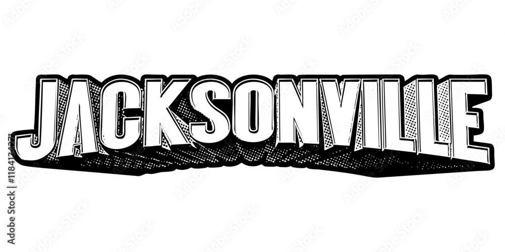 Poster ‘jacksonville’ written in three-dimensional one-point perspective retro extruded block letters with 