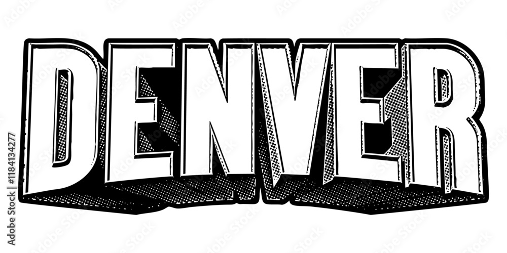 Poster ‘denver’ written in three-dimensional one-point perspective retro extruded block letters with grainy