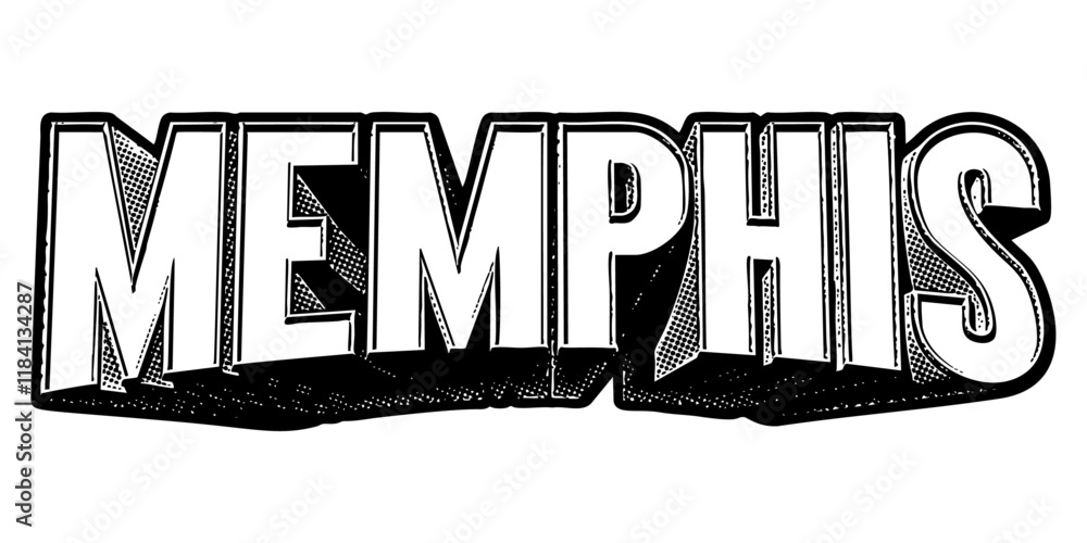Poster ‘memphis’ written in three-dimensional one-point perspective retro extruded block letters with grain