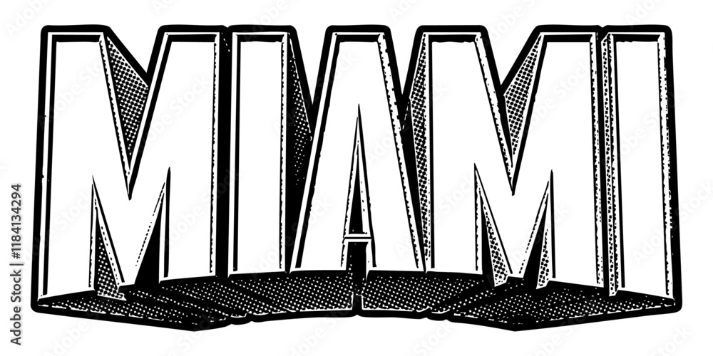 Aufkleber ‘miami’ written in three-dimensional one-point perspective retro extruded block letters with grainy 