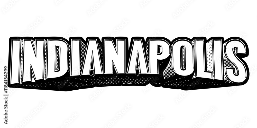 Poster ‘indianapolis’ written in three-dimensional one-point perspective retro extruded block letters with 