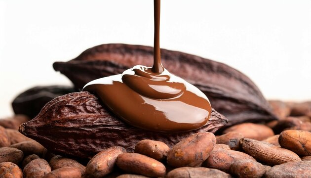 molten milk chocolate flowing over textured cacao beans