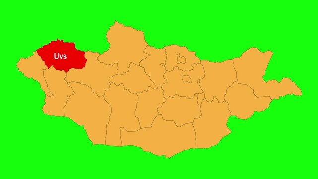 Uvs map animated video. The location is highlighted on the Mongolia map. Colour map with Green screen background in video format.	