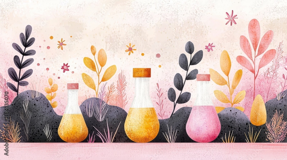 Poster colorful laboratory flasks surrounded by nature in a minimalist style illustrating science and creat
