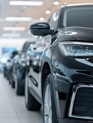 Sleek Modern Black Luxury SUVs Displayed in Automotive Showroom Focused on Front Design and Details with Ambient Lighting Enhancing Appearance