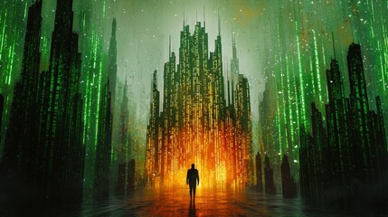 Obraz premium Mysterious Figure in a Futuristic Cityscape with Glowing Structures and Enigmatic Green Lights Surrounding Him