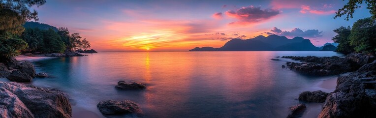 Fototapeta premium A vibrant sunset over a tranquil beach horizon with vivid colors reflecting on the water and the sand.