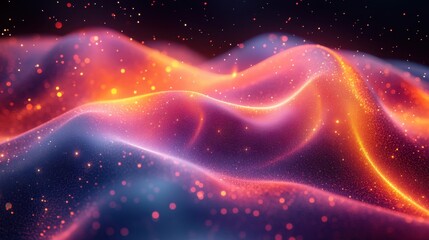 Fototapeta premium Abstract Cosmic Landscape: Vibrant Nebula with Glowing Particles and Energy Waves