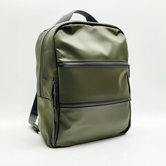 Fototapeta premium Modern Olive Green Backpack with Sleek Design and Gray Shoulder Straps on White Background