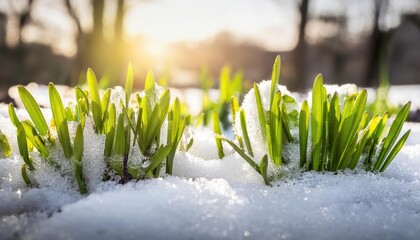 Green grass growing under melting snow at sunrise, end of winter, spring snow melt and plants waking up