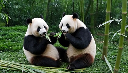 Obraz premium Playful Pandas Feasting: A Serene Bamboo Forest Scene