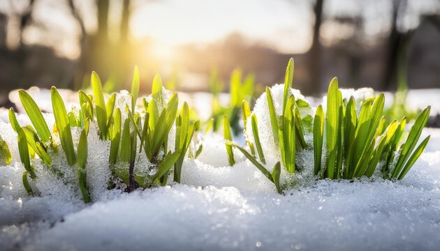 Green grass growing under melting snow at sunrise, end of winter, spring snow melt and plants waking up