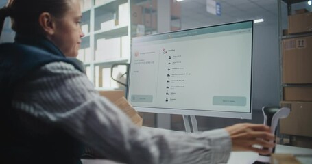 Female Inventory Manager Scans Code on Cardboard Box with Barcode Scanner, Checks Parcel Information. Computer Screen Shows Delivery Tracking System for Monitoring Package with Online Orders. Close Up
