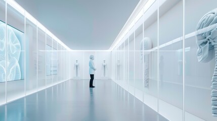 Futuristic organ transplant center showcasing 3D-printed organs and holographic medical records, equipped with advanced surgical robots in a clean, white, and modern aesthetic environment.
