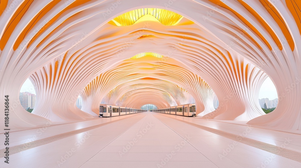 Poster modern architectural design featuring organic wave-like structures in a futuristic train station int