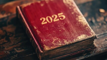 red book displaying numbers 2025. new knowledge and beginnings. hobbies and reading. literature and study