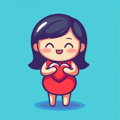 Cute girl character holding a heart symbol in a colorful cartoon style, showcasing love and affection against a bright blue background.