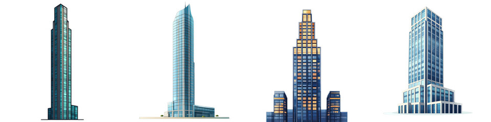 Fototapeta premium Sleek Modern Skyscrapers in Vector Style, Cartoon Illustrations of Urban Architecture for Graphic Designs