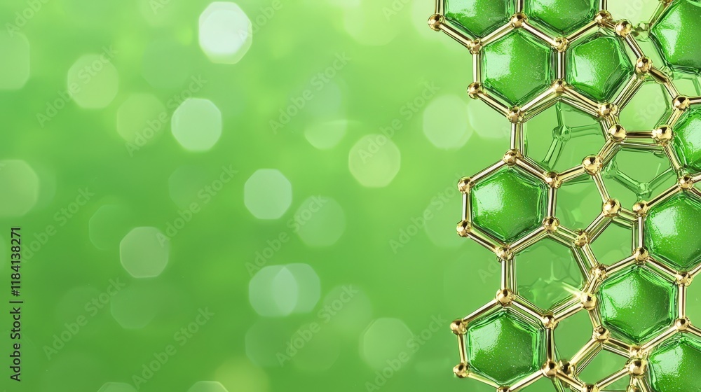 Poster abstract representation of green molecular structure with bokeh background for scientific and creati