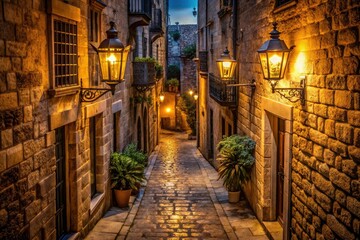 Fototapeta premium Night's embrace: glowing lanterns cast warm light on an intricate Asian alley, captured from above in a stunning cityscape drone shot.