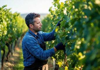 Winemaker Examining Grapes in Vineyard