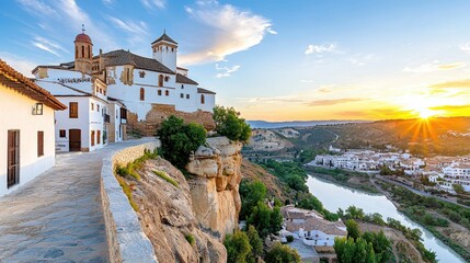 Serene Sunset Over Scenic Cliffside Village and River in Spain with Historic Architecture and Vibrant Skies