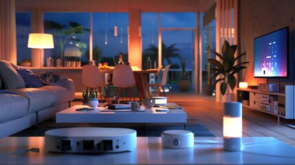 A modern living room with smart home technology, including smart lights and speakers.