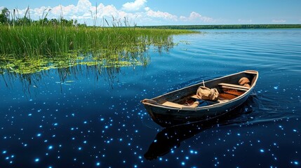 Fototapeta premium Tranquil Scene of a Canoe on Calm Water Surrounded by Lush Greenery and Bright Blue Sky under Fluffy Clouds