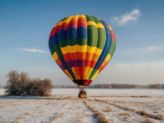 Obraz premium Un colorido globo aerostático en un hermoso paisaje nevado 