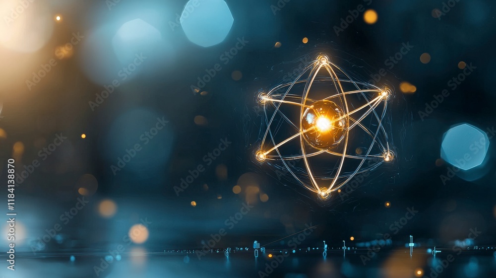 Poster glowing atom model with bright electrons in a dark background representing scientific concepts and i