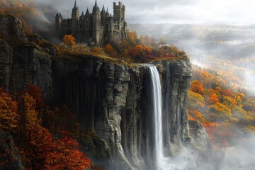 Fototapeta premium majestic castle overlooking a cascading waterfall, set against a backdrop of cliffs and enveloped in a misty atmosphere filled with autumn tones