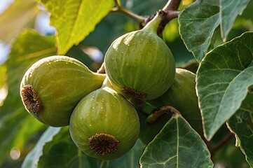 A close-up of a fig tree branch with green, unripe figs nestled among large glossy leaves, bathed in morning sunlight.