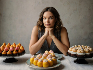 Una mujer sentada en una mesa llena de comida dulce
